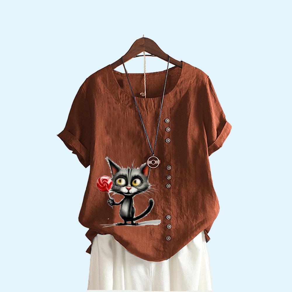 Women Loose Linen Blouse Women Fashion Round Collar Cat Print Top Summer Casual Short Sleeved T-shirt