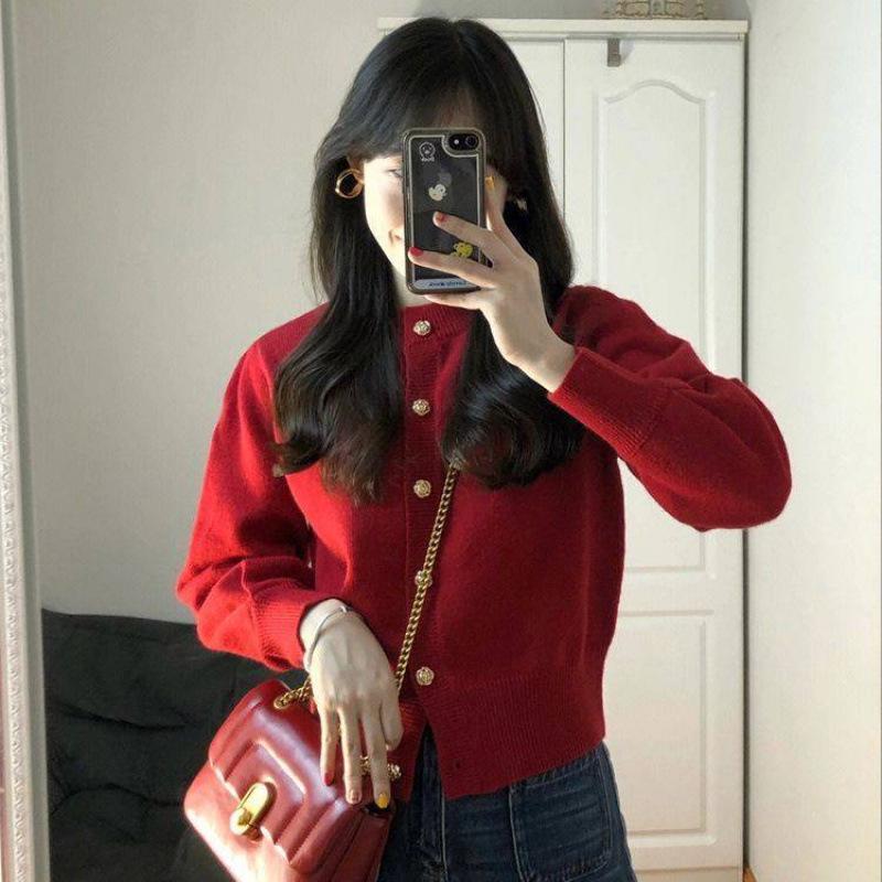 Auspicious Red Waist-Defining Knit Cardigan Sweater for Women
