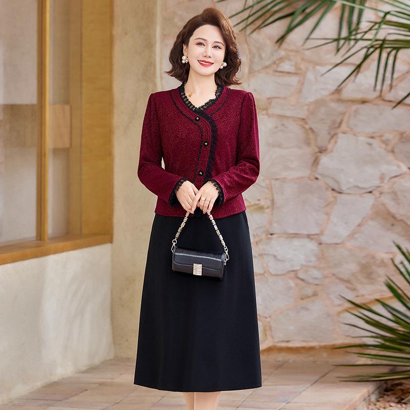 Elegant Spring 2026 Mother-in-Law Wedding Banquet Dress: Stylish Patchwork Design for Middle-Aged and Elderly Women 3XL (60-68kg) красный