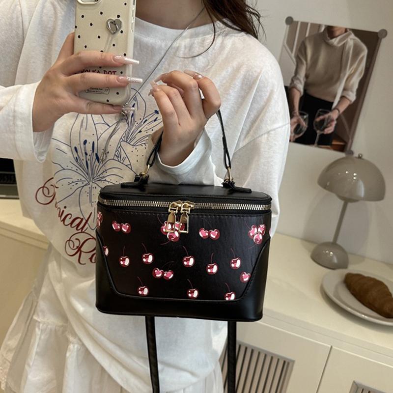 Chic Small Square PU Bag with Cherry Design Women's Trendy Crossbody Bag Sophisticate Commuter Handbag