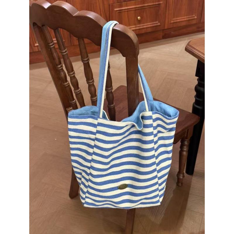 New Korean Style Striped Canvas Tote Bag - Casual, Large Capacity Shoulder Bag for Shopping