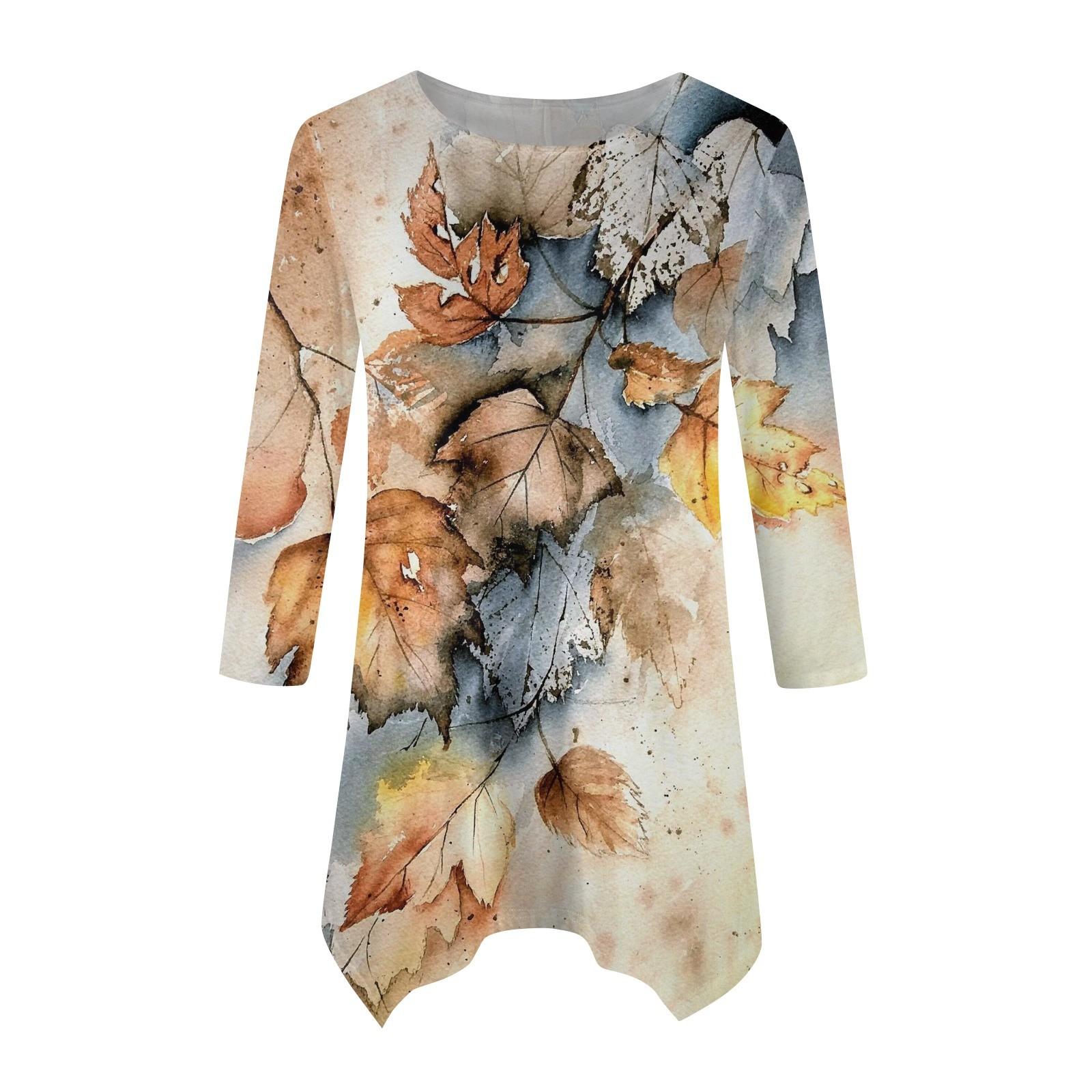 

Женская модная повседневная рубашка с круглым вырезом и цветочным принтом, рукавами-семью, свободным удобным топом с поясом XL жёлтый