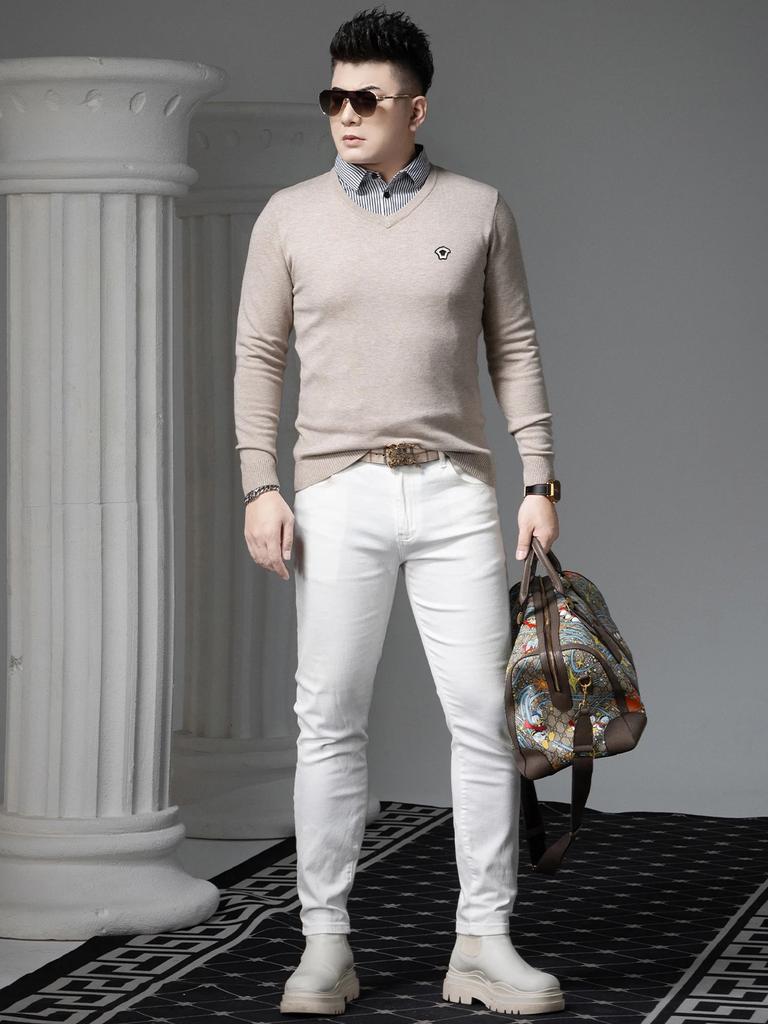 European Style Fake Two-Piece Knit Sweater for Men, 2025 Autumn and Winter New Style, Wool Sweater, Inner Layer Base Shirt, V-Neck Sweater