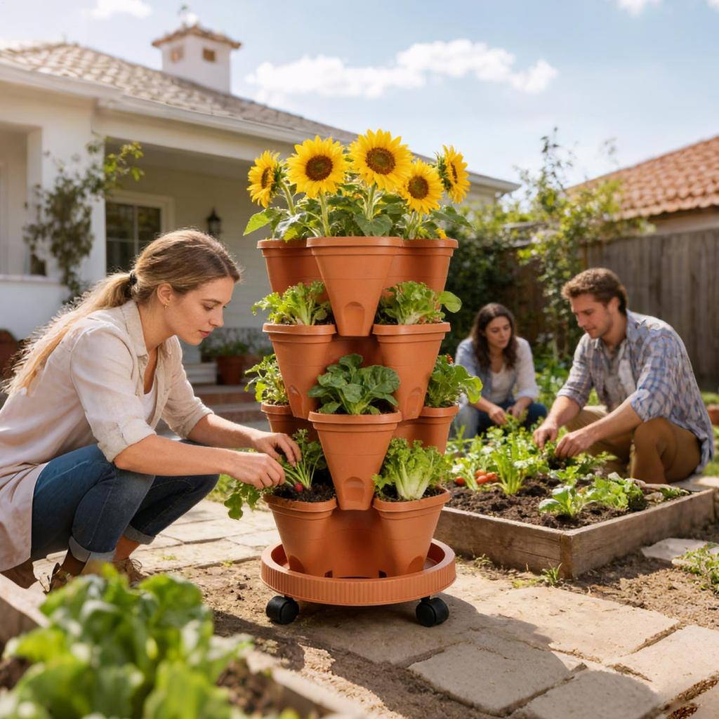 Four-tier Stackable Planter,Vertical Planting Rack,Strawberry Planting Tower,Automatic Drainage Flower Pots With Movable Caster