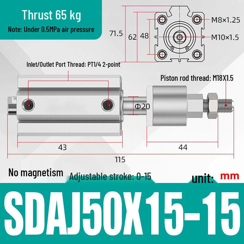 Adjustable Stroke Pneumatic Thin Cylinder - Piston Rod Sizes: 16/20/25/32/40/63