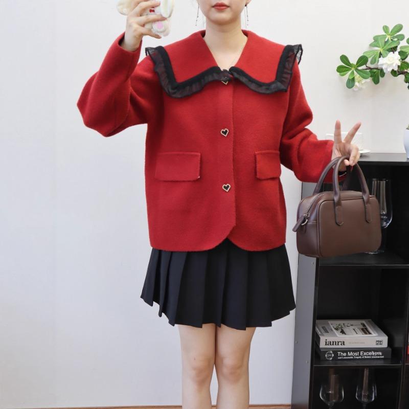 Doll Collar Temperament Knitted Double-sided Cardigan Autumn New Loose Design Sweater Jacket Women
