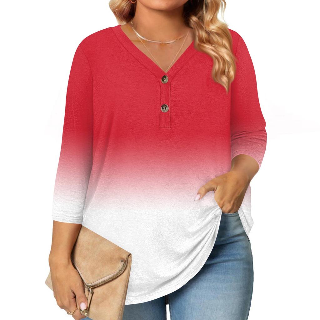 3/4 Length Sleeve Womens Tops Plus Size Button Down V Neck Shirts Blouses Casual Print Loose