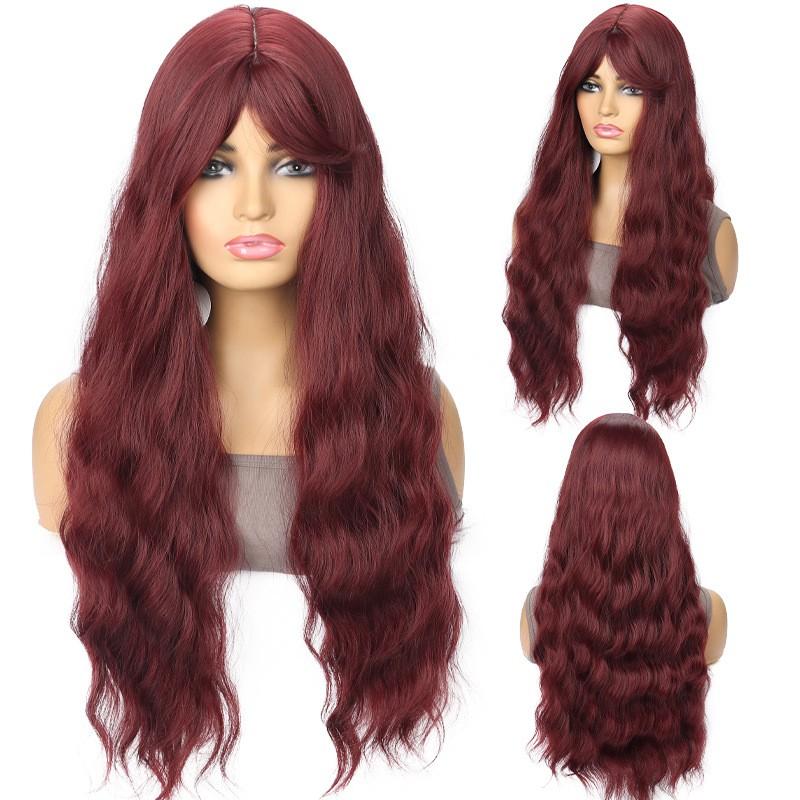 Womens Long Wavy Wig With Bangs Middle Part Synthetic Hair Daily Use