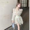 Large size fat mm French floral v-neck long-sleeved dress women's autumn and winter gentle design waist a-word short skirt