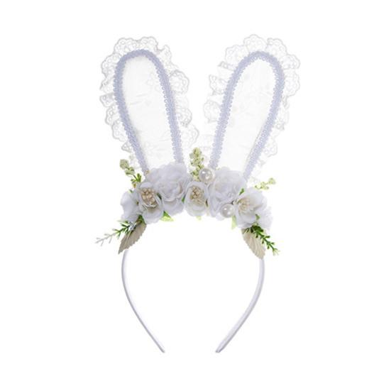 Bunny Headband Lace Bunny Ear Design Hair Hoop with Colorful Artificial Flowers Forest Style Easter