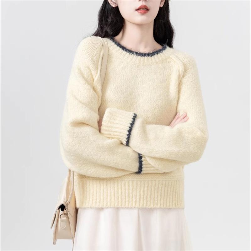 Short solid color crew neck sweater for women's autumn and winter new lazy style versatile knitted sweater inside, small man outside top