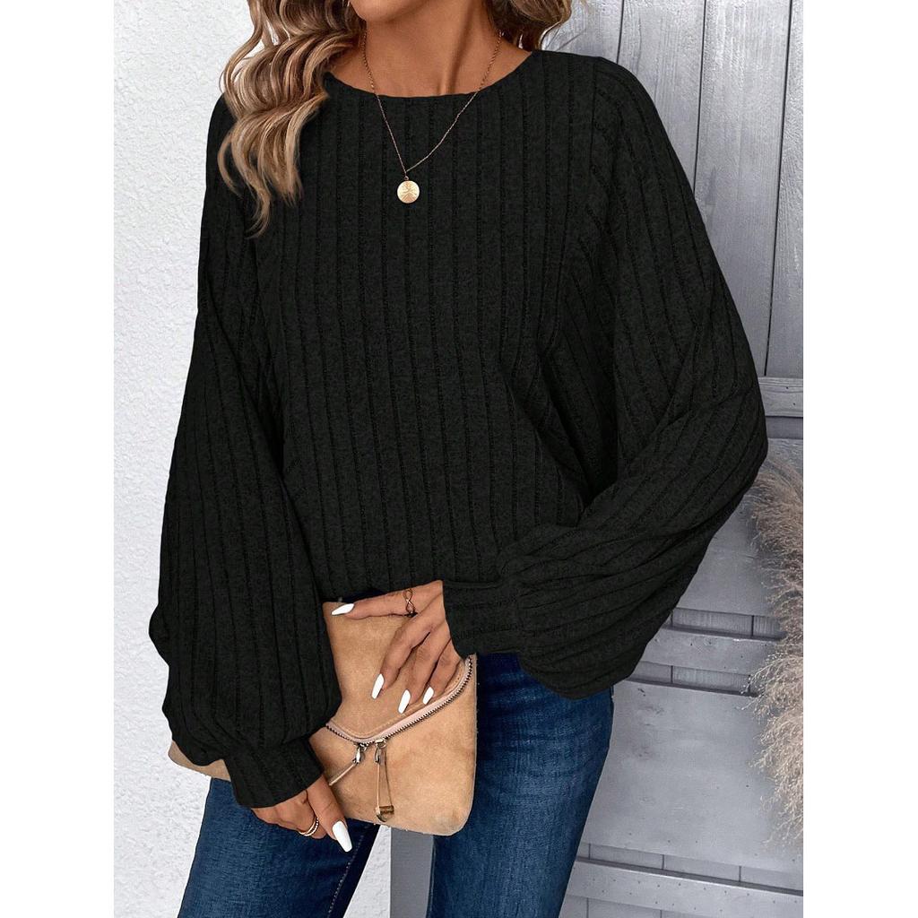 Autumn and Winter Fashion Women's Plus Size Comfortable Sweater Pullover Women's Casual Solid Color Lantern Sleeve Top