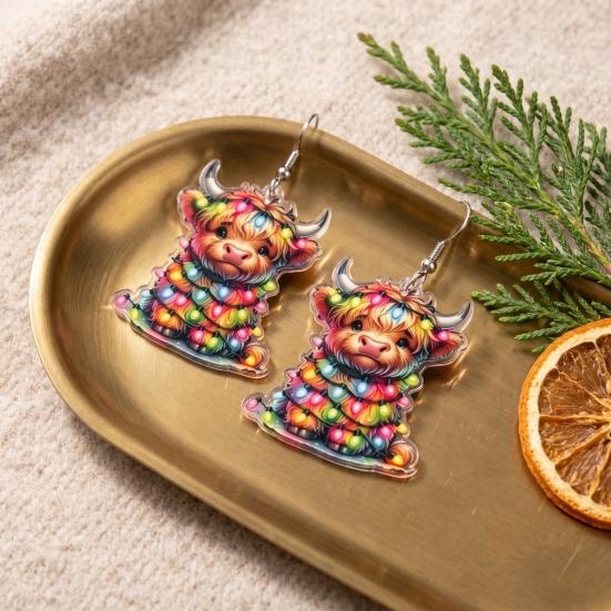 Childlike Festive Style Jewelry 1 Pair Acrylic Highland Cow Christmas Earrings for Women, Cute Scottish Cattle Holiday Gift Her Dangle Drop Earrings,
