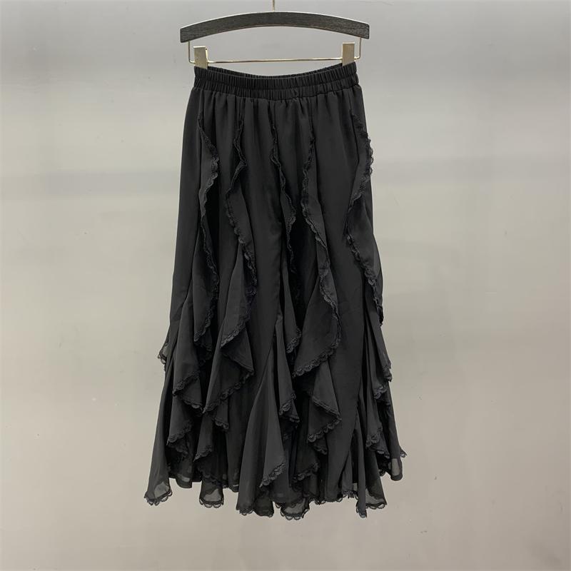 Irregular lace splicing chiffon skirt women's spring and summer new fashion high waist and thin a word big swing skirt