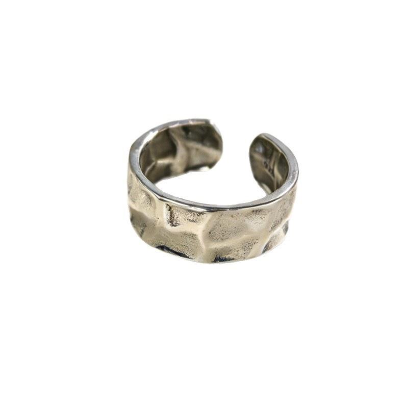 Retro Baroque Style Irregular Tapping Pattern Wide Face 925 Sterling Silver Jewelry Opening Rings  02879