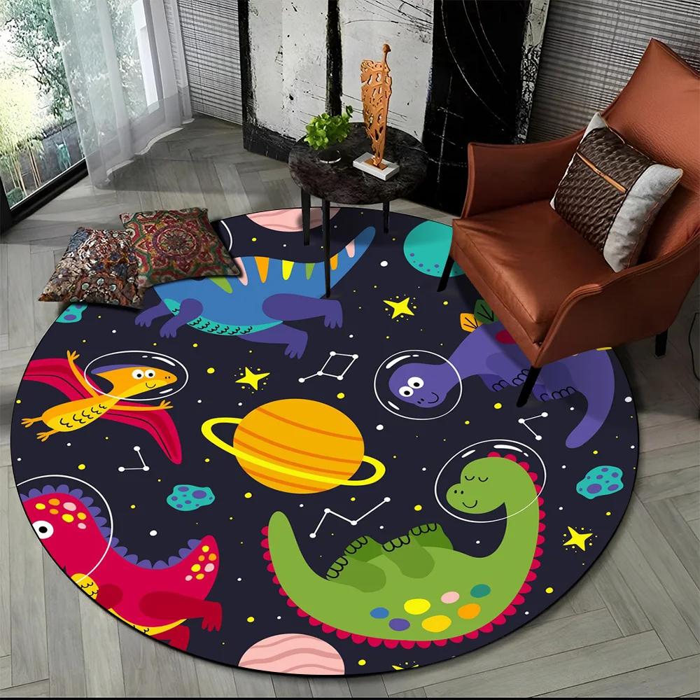 Cartoon Dinosaur Space Cute Dino Children Area Rug,Round Carpet for Living Room Bedroom Sofa Decoration,Kids Non-slip Floor Mat