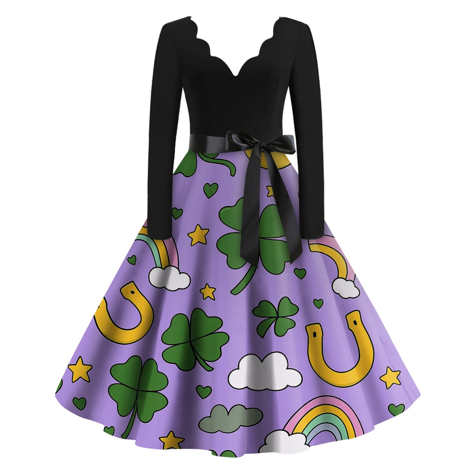 

Women s Casual Fashion Printed V-Neck Retro Long-Sleeve Dress XL фіолетовий