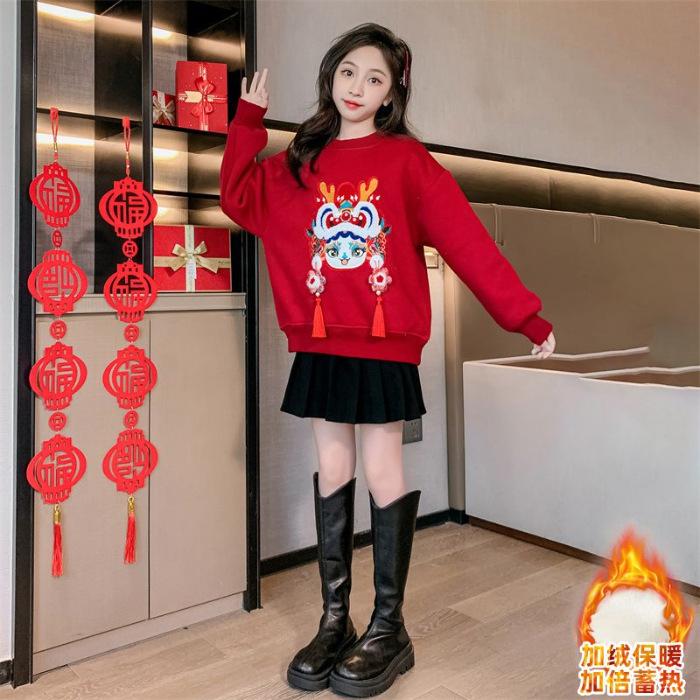 Girls Red Fleece Sweatshirt Embroidered Round Neck Warm Winter Top For 12 Year Old Chinese New Year Zodiac Gift 120