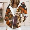 Women Plus Size Zip Up Long Sleeve Hoodie Drawstring Hood Pockets Halloween Cartoon Print Sweatshirt