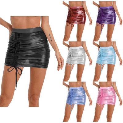 Women Sheer Sparkly Mini Skirt Metallic Shiny Adjustable Drawstring Short Club Skirt for Nightclub Wear