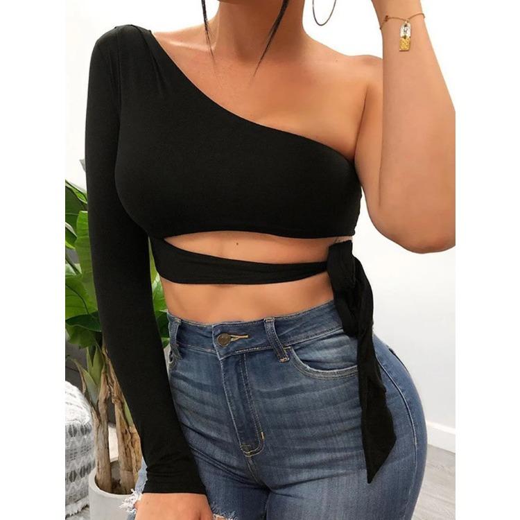 Women Lady Bandage Slim Tee Tops Long Sleeve One-shoulder Bow-tie Elastic Solid T Shirt Cold Shoulder Sexy Crop Top Club Street