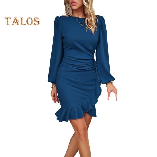 

Женское платье с рукавами-фонариками, неровным подолом, облегающим кроем, неровными оборками, круглым вырезом, плиссированным мини-платьем, платье для выпускного вечера в офисе S синий