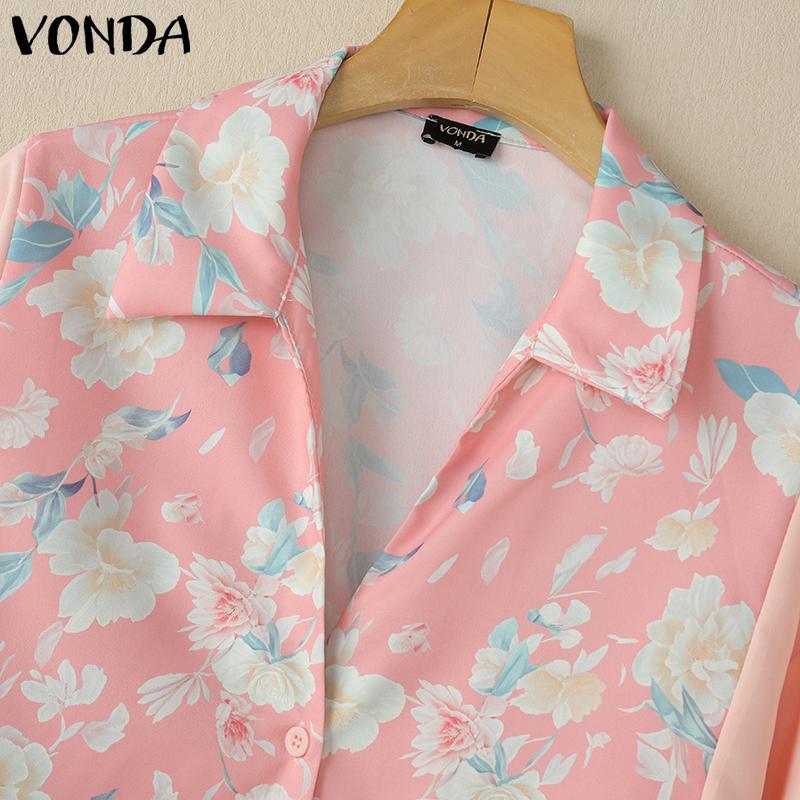 VONDA Summer Women Lapel Neck Floral Print Patchwork Button Down Casual Blouse