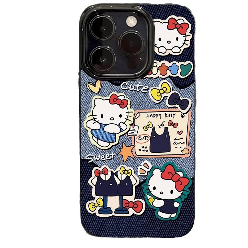 Denim pattern KT cat is suitable for Apple 16promax mobile phone case 14Plus niche 13 film X two-in-one 15 women x