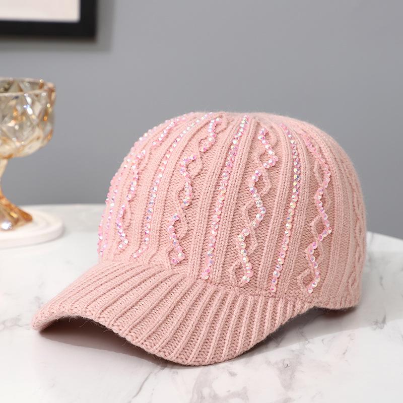 Women'S Thickened Rhinestone Korean Style Baseball Cap Autumn Winter Warm Casual Hat For Ladies