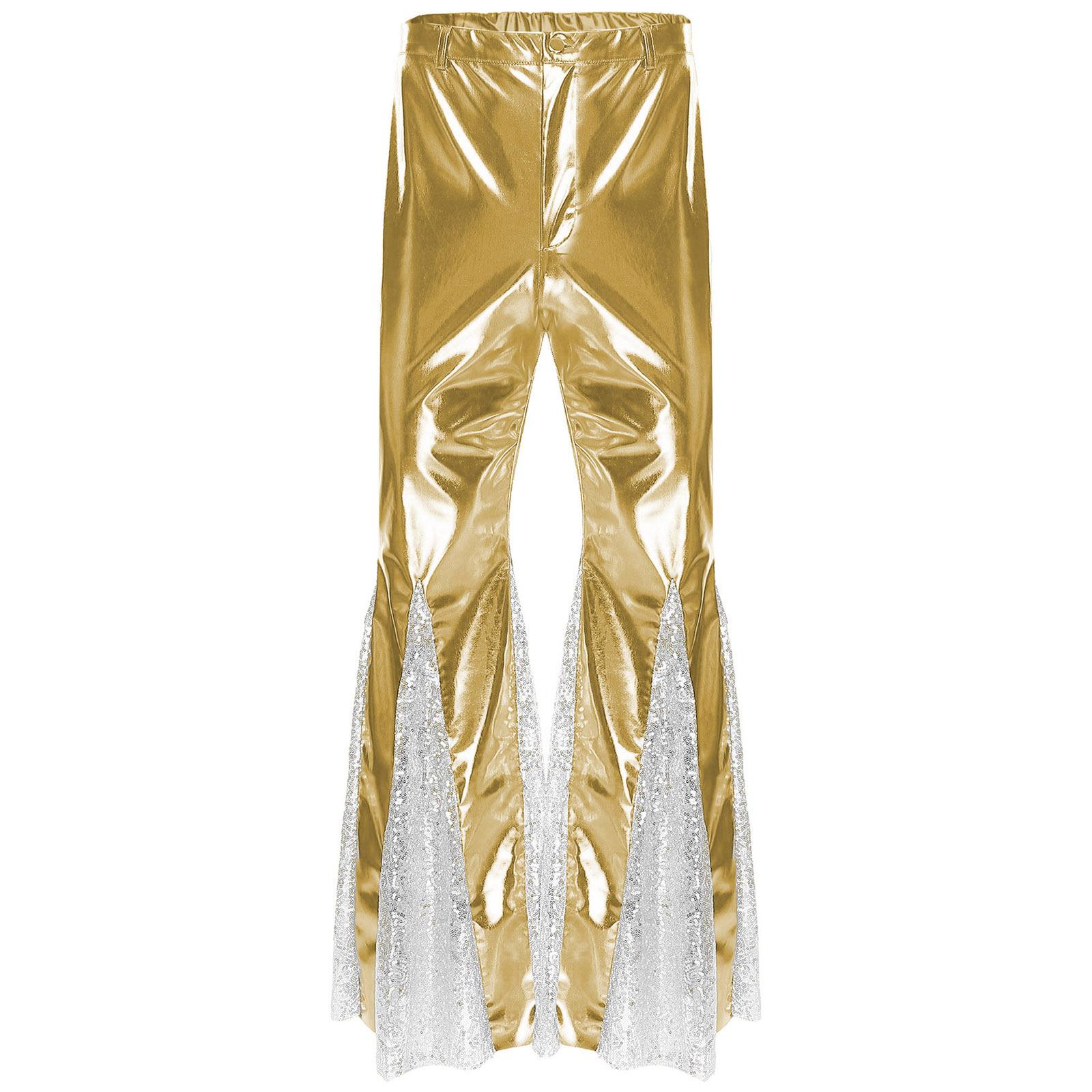 Yunduantong-home Heren Glanzende Jaren 70 Disco Broek Metallic Uitlopend Design Pailletten Versierde Wijde Pijpen Vintage Dansfeest Kostuum XL goud
