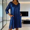 Women's Sequin Mini Dress Glitter 3/4 Sleeve V-Neck Dress Sparkly Cocktail Party Club Split Dress with Pockets