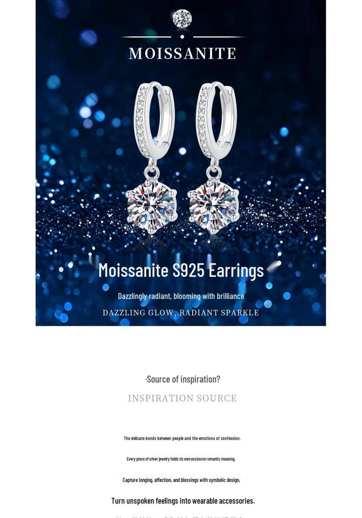 Sterling Silver Six-Prong Moissanite Dangle Earrings for Women: High-End, Fashionable, Versatile Design