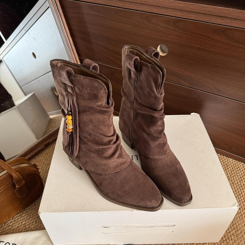 Modă Botine Drapate cu Toc Gros Vintage pentru Femei Toamnă 2025 Noi Cizme Mid-Leg cu Ciucuri și Mărgele