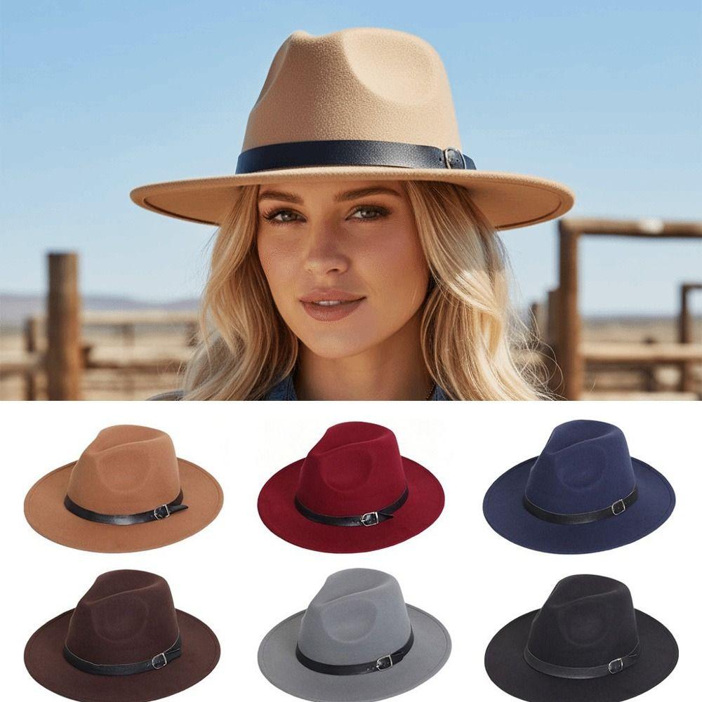 Universal Wide Brim Fedora Hat with Belt Soft Felt Jazz Cap Formal Hat Stage Performance