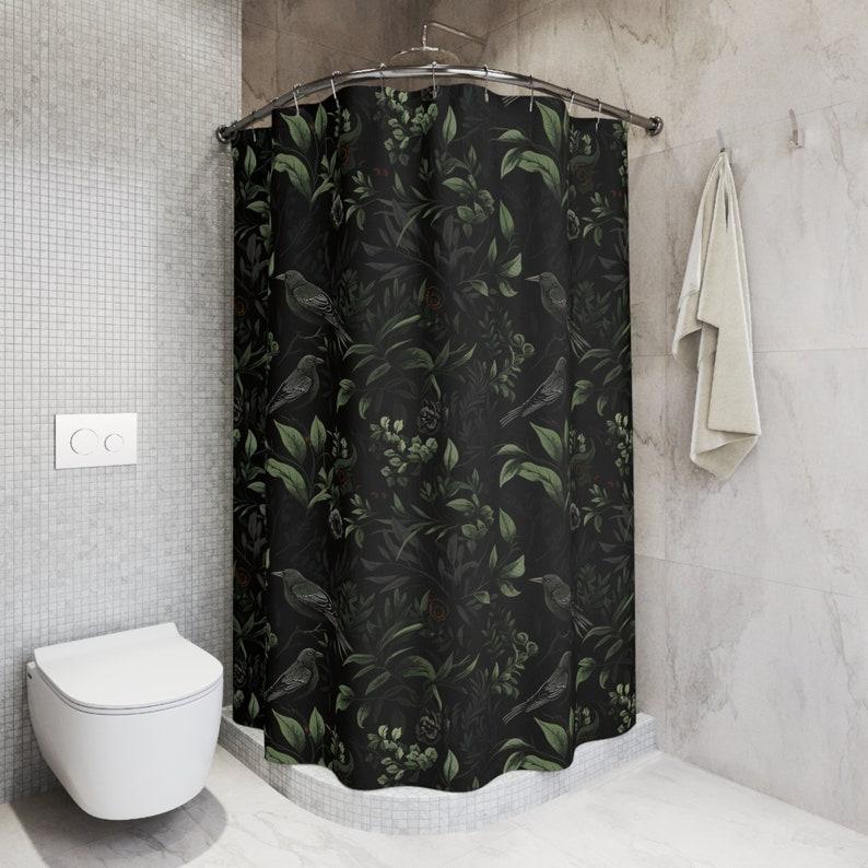 Raven Gothic Shower Curtain - Whimsigoth Floral Botanical Design, Dark Academia Witchy Bathroom Decor W60H190(CM)-1 Pcs