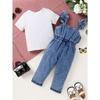 2pcs Set Of Elegant, Sweet, And Cute Little Girl'S Neat Color Pit Stripe T-shirt And Butterfly Print Ruffled Denim Jumpsuit Suitable