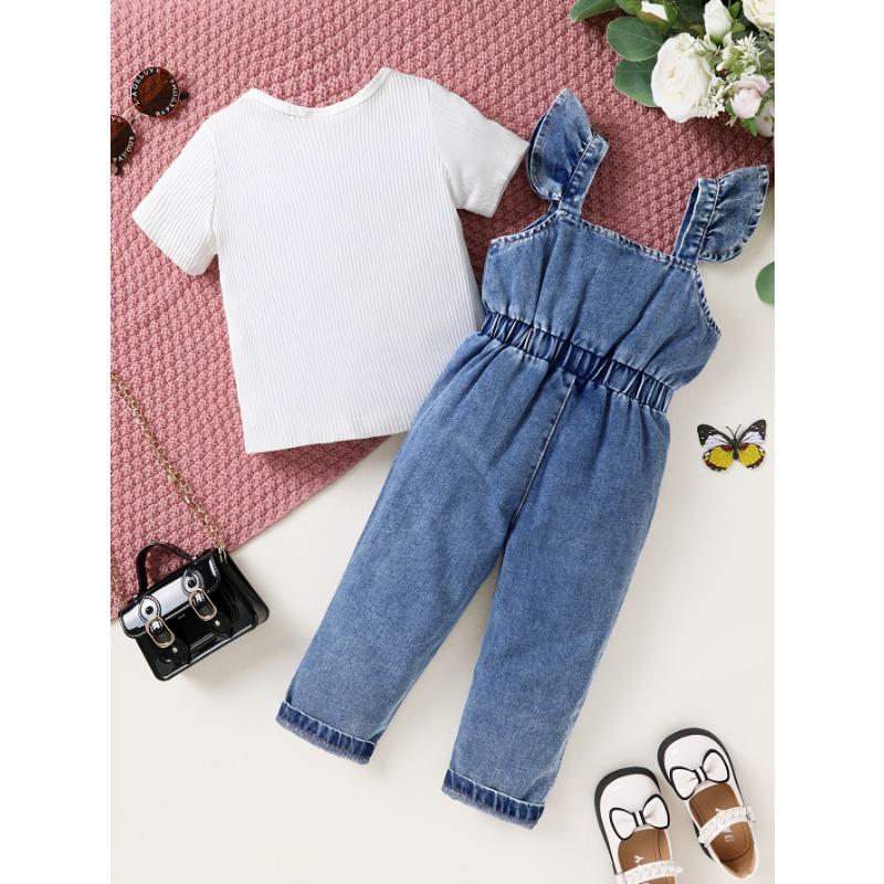 2pcs Set Of Elegant, Sweet, And Cute Little Girl'S Neat Color Pit Stripe T-shirt And Butterfly Print Ruffled Denim Jumpsuit Suitable