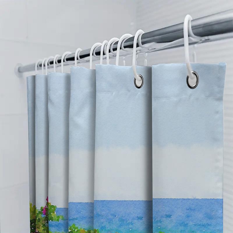 Floral Ocean View Shower Curtain Tropical Beach Wall Art Bathroom Decor Waterproof Scenic Backdrop