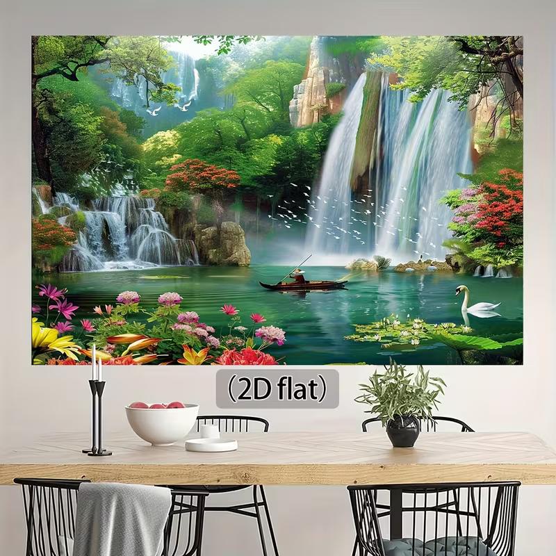 2D Idyllic Forest Waterfall Nature Wall Tapestry, Lake Swan Fishing Boat Flower Bird Bedroom Home Decor