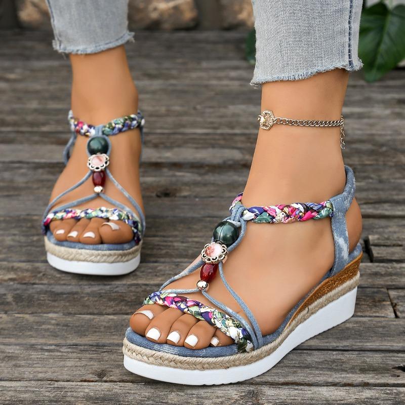 Fashion Roman Sandals Women Fashion Round Head Open Toe Matching Color Beaded Soft Sole Anti-slip Wear-resistant Large Size Wedge Shoes