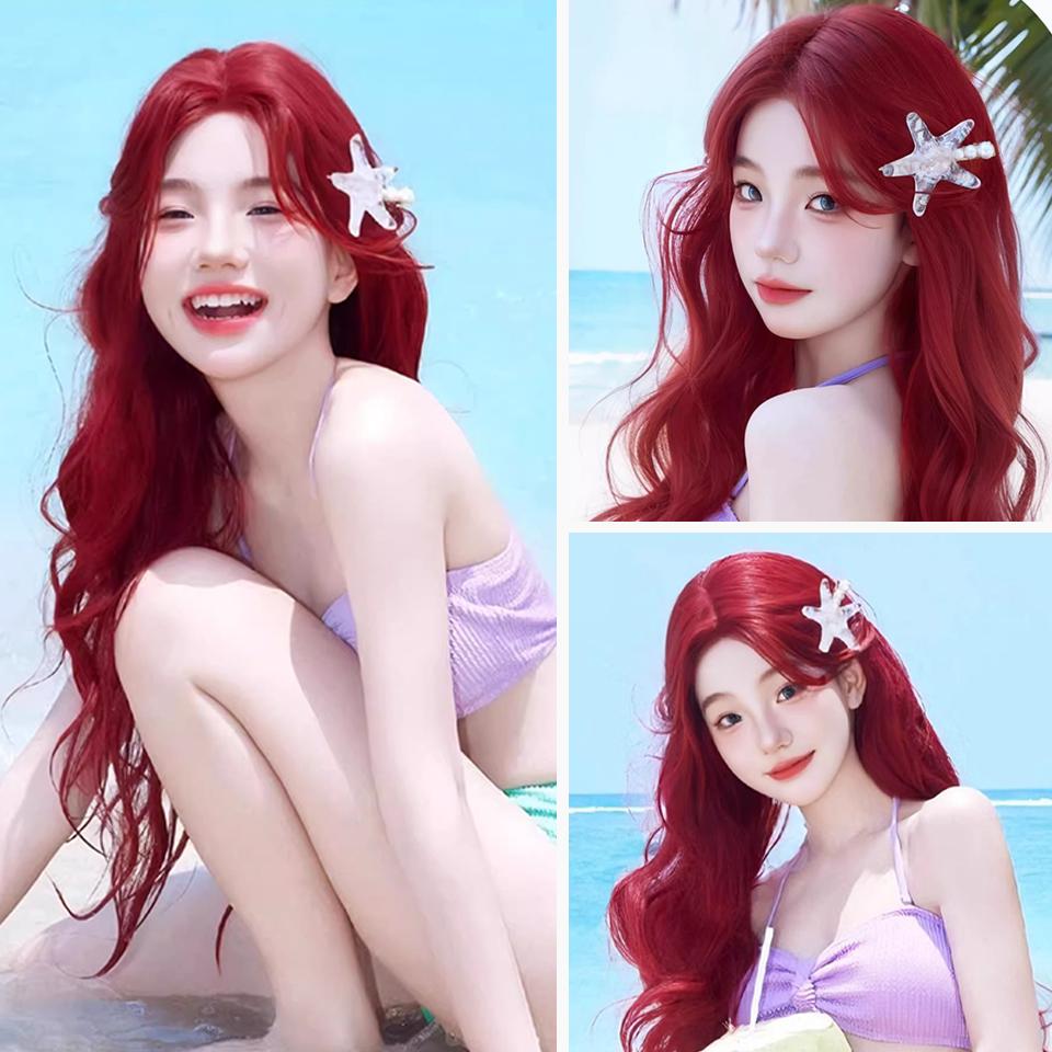 WTB Red Wavy Curly Long Hair Synthetic Wig Female Elegant Mystery Split Bangs Festival Cosplay Wave Long Curly Hair