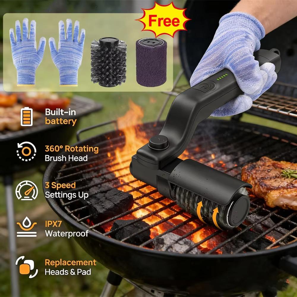 Stainless Steel Electric Wireless Rotary Grill Brush 3-Speed 180° Adjustable Wireless Grill Brush with Gloves BBQ Cleaner Brush
