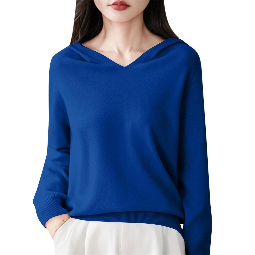 Women's Fashion Long-Sleeved -Colour V-Neck Hooded Knitted Sweater Warm Sweatshirt Knitwear