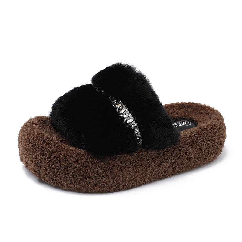 Thick-soled rhinestone fluffy slippers for women wearing new small trendy cotton slippers heightening shoes