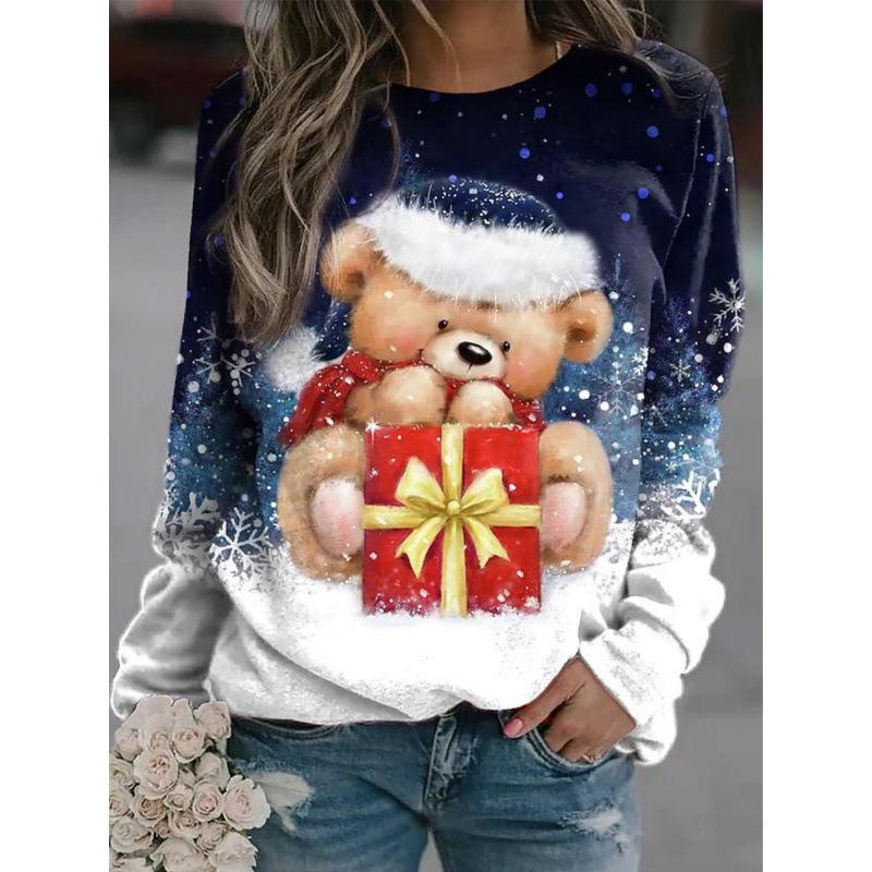 Women's Christmas 3D Printed Crew Neck Long Sleeve T-Shirt Fashion Versatile Breathable Trend Casual
