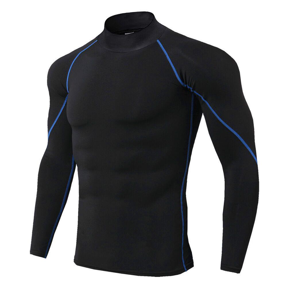 Men High Neck Fitness Long Sleeve Sports Running T-shirt Man Autumn Winter Elastic Quick Drying Top Black White