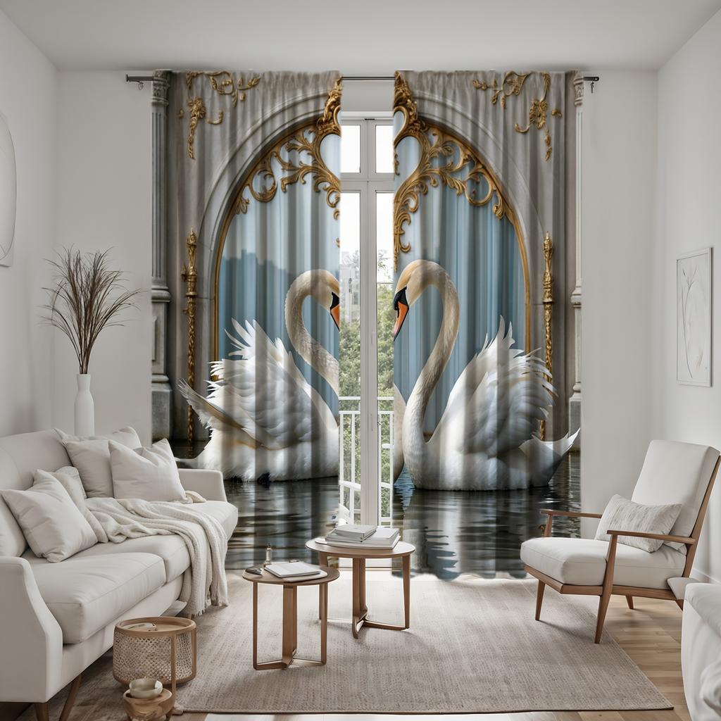 2 Pieces HD Digital Gray Light Luxury European Warm Swan Curtain Home Decoration Style Decoration Living Room Bedroom Rod Curtai