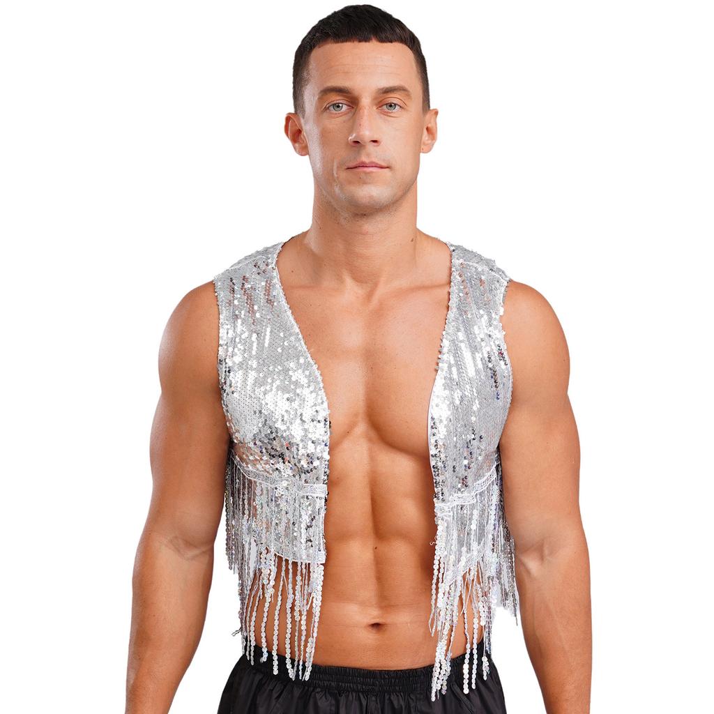 Mens Shiny Sequin Cowboy Vest Tops Open Front Sleeveless Tassels Cardigan