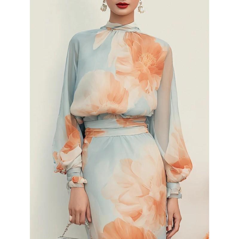2026 Sky Blue Floral Chiffon Dress With Stand Collar Puffed Sleeves Waist Cinched Mermaid Maxi Gown
