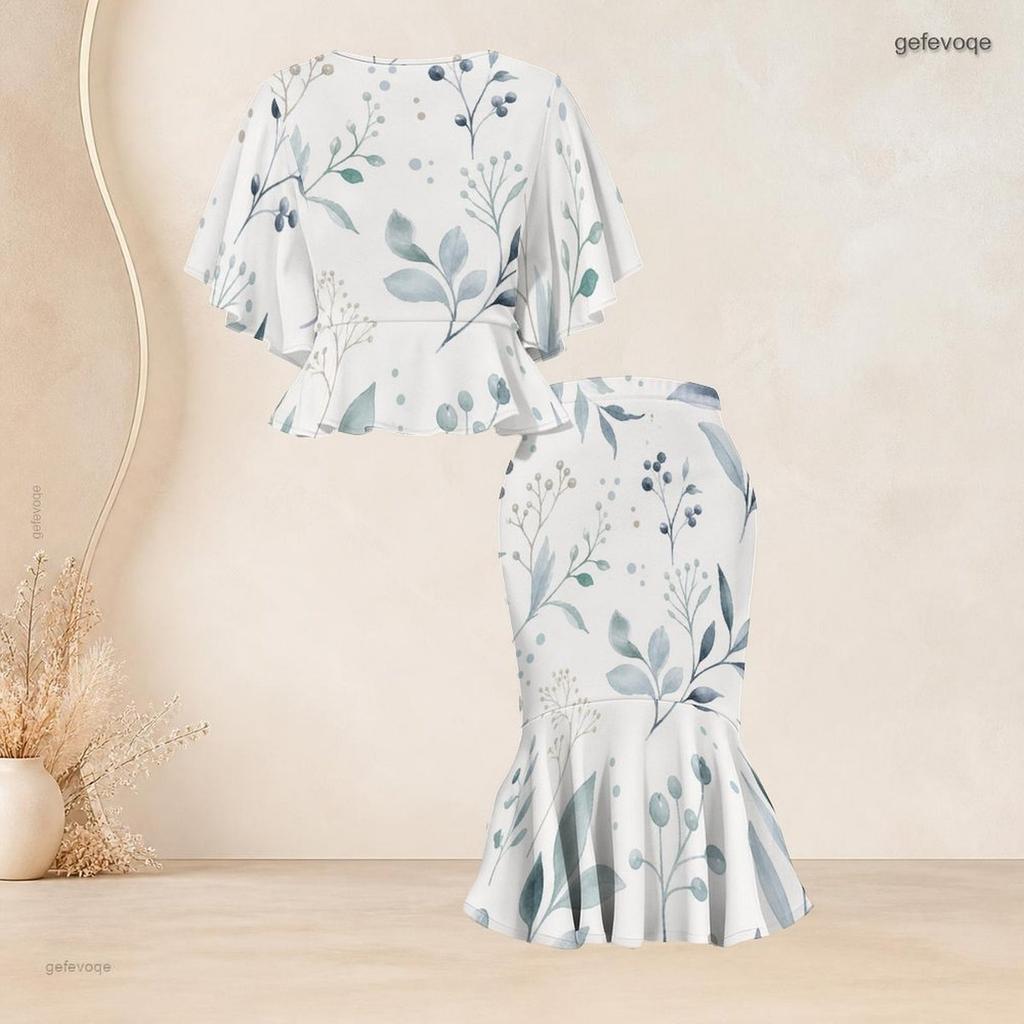 Women Plus Size Two Piece Set Crewneck Batwing Sleeve Printed Ruffle Hem Top Fishtail Skirt